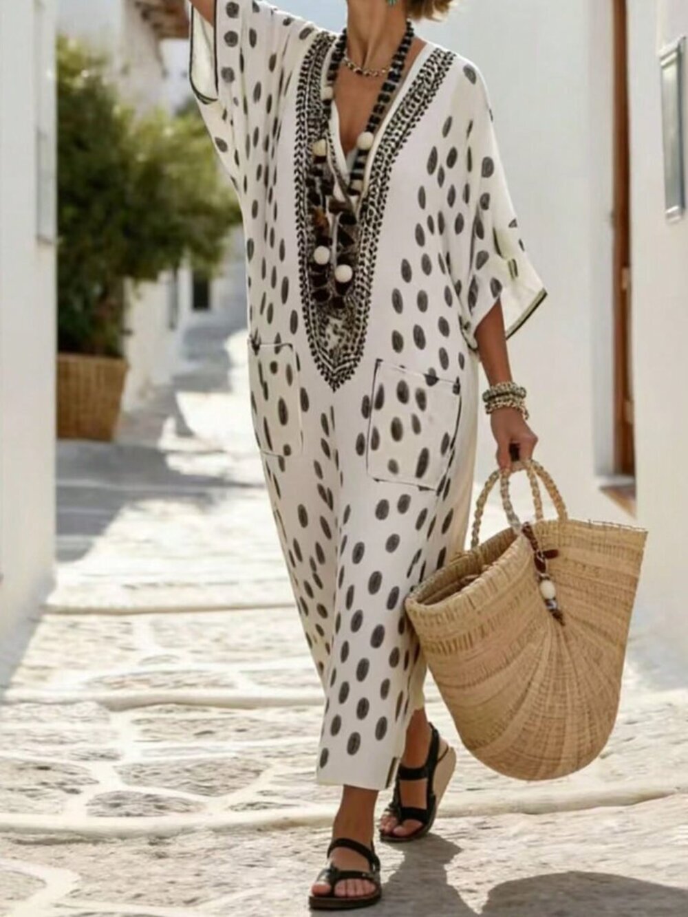 Apricot Boho Women's V-Neck 3/4 Sleeve Print Loose Long Mediterranean Dress - Picture 4 of 8